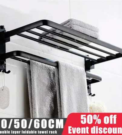 kf-S373d9f4062e5487eb029432a47dafac0m-40-50-60CM-Double-Layer-Towel-Rack-Black-Non-Drilling-Movable-Wall-Mounted-Bracket-Aluminum-Shower